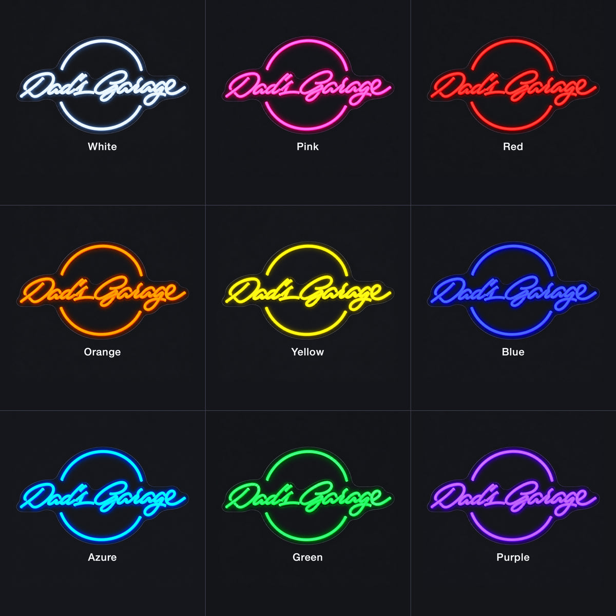 Dad's Garage LED Neon Sign Script and Caps Mix - Color Grid