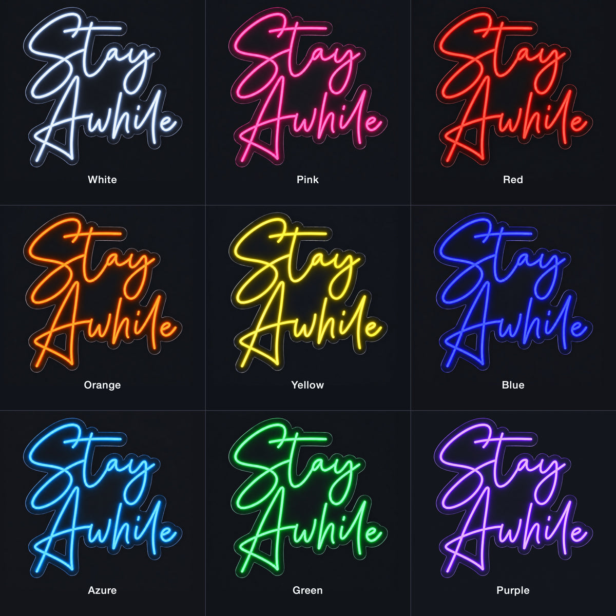Stay Awhile LED Neon Sign Cool Purple Era Script - Color Grid