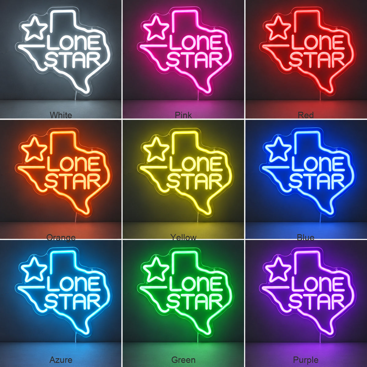 Lone Star Text Texas Outline Garage LED Neon Sign Wall Neon Signs - Color Grid