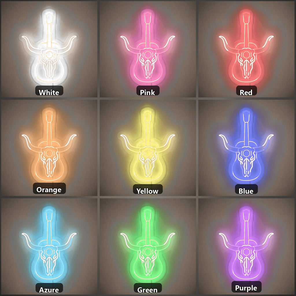 Longhorn Skull Acoustic Guitar Vintage LED Neon Sign Wall Neon Signs - Shineneon
