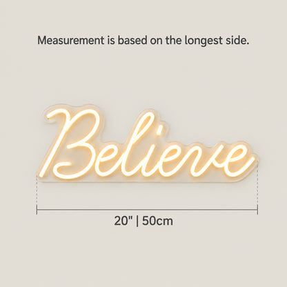 Believe LED Neon Sign for Christmas Light Up Party Decor - Size Guide