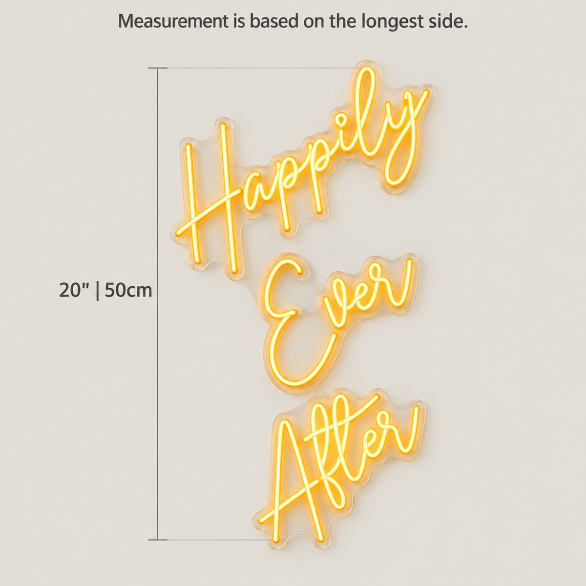 Happily Ever After LED Neon Sign Two Line Cursive - Size Guide