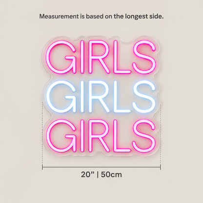 Girls Girls Girls LED Neon Sign Wide Cut - Size Guide