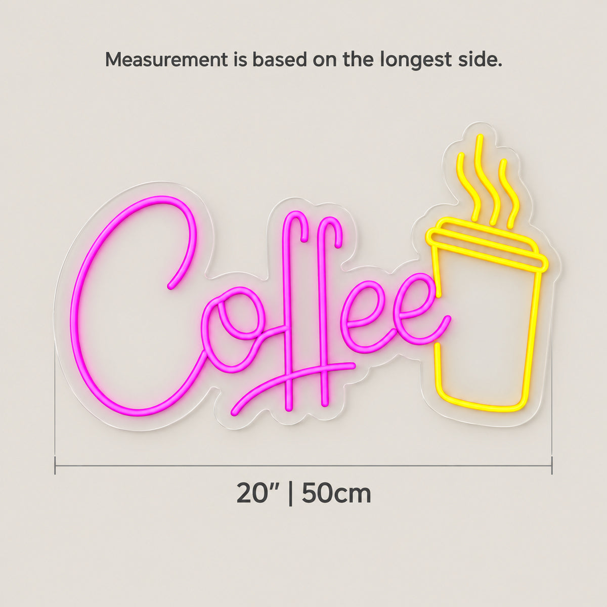 Coffee Cup LED Neon Sign Script with Tall Cup - Size Guide
