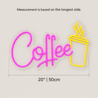 Coffee Cup LED Neon Sign Script with Tall Cup - Size Guide