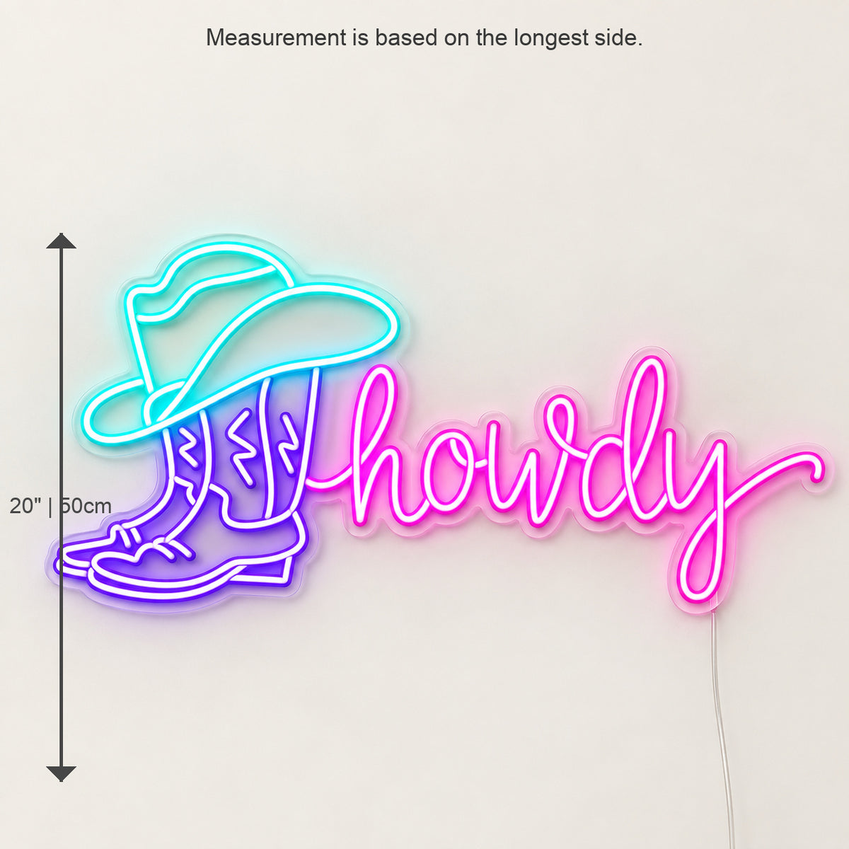Howdy Cowboy Boot Hat LED Neon Sign Wall Neon Signs - Size Guide