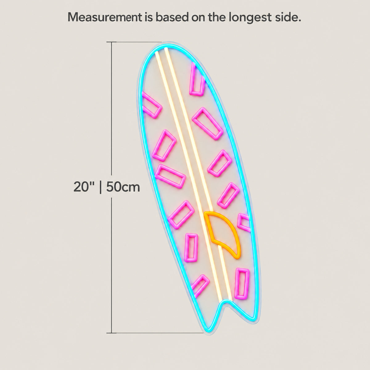 Surfing Board Neon Sign - Size Guide