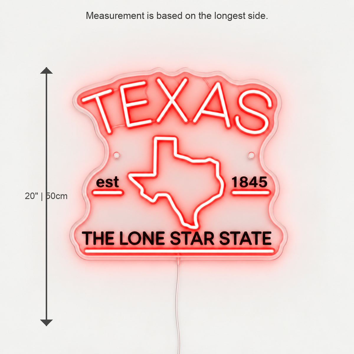 Lone Star State Texas Map LED Neon Sign Wall Neon Signs - Size Guide