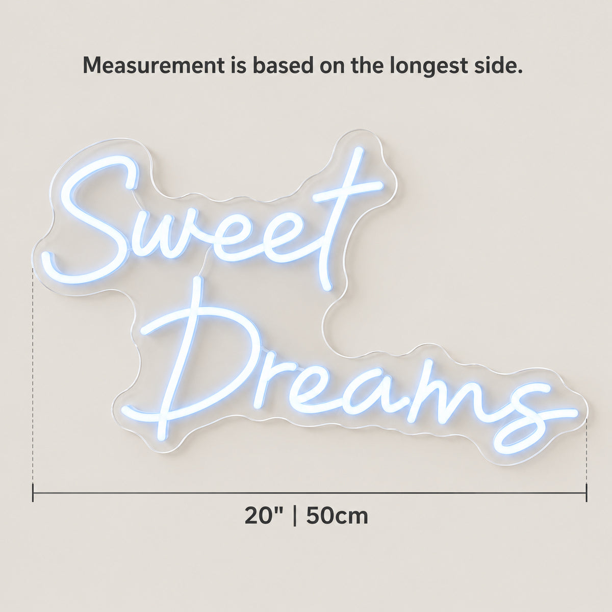 Sweet Dreams LED Neon Sign Flowing Cursive Style - Size Guide