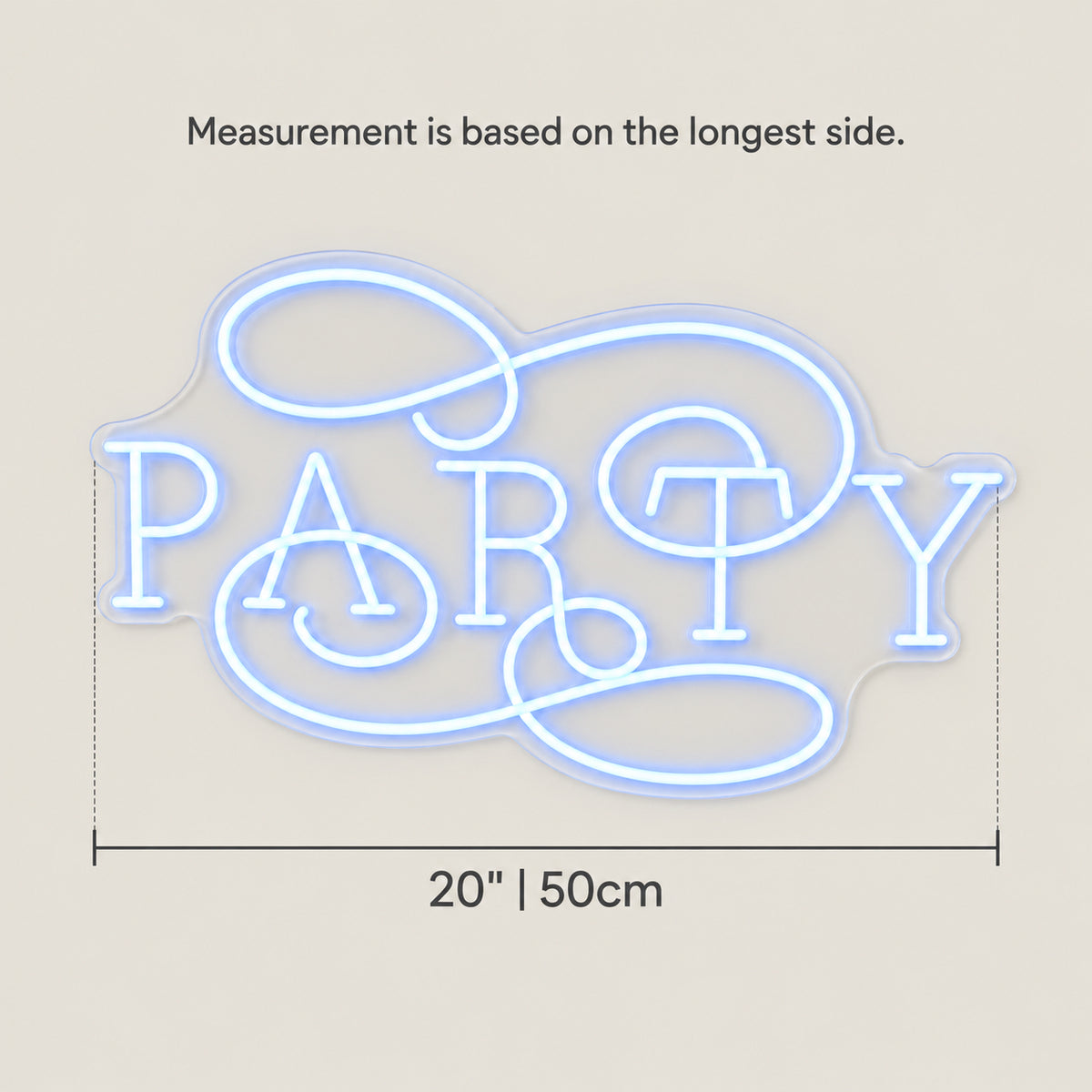 Party LED Neon Sign Caps with Script Overlay - Size Guide