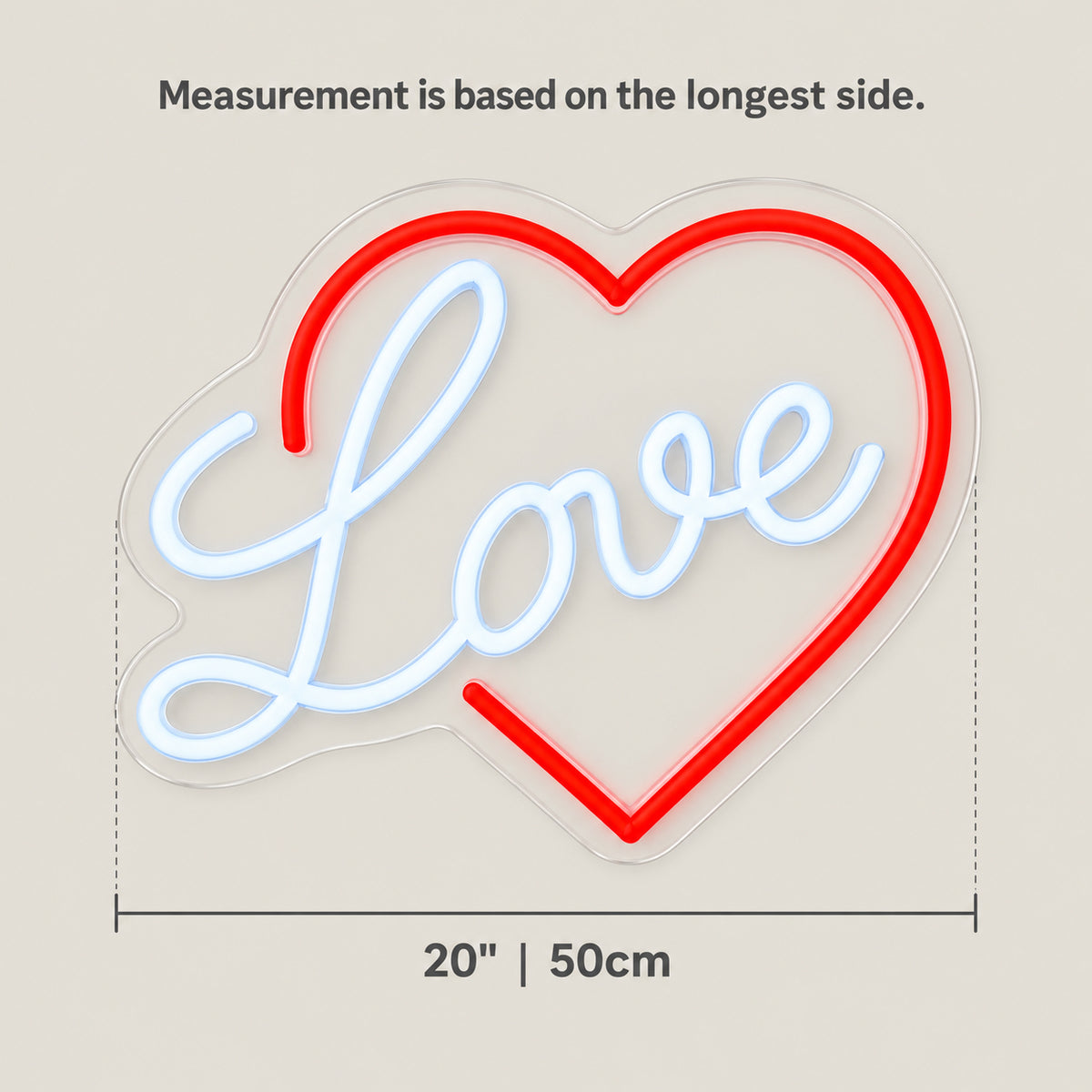 Love Heart LED Neon Sign Framed Heart Design - Size Guide