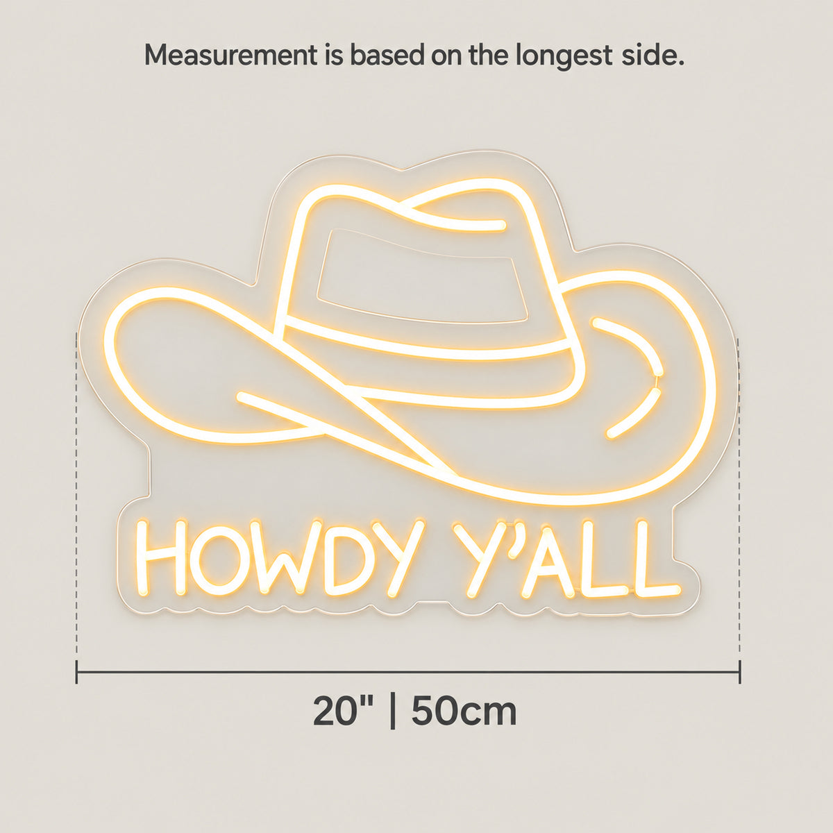 Howdy Y'all Cowboy LED Neon Sign for Bar Light Up Business Decor - Size Guide
