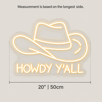 Howdy Y'all Cowboy LED Neon Sign for Bar Light Up Business Decor - Size Guide