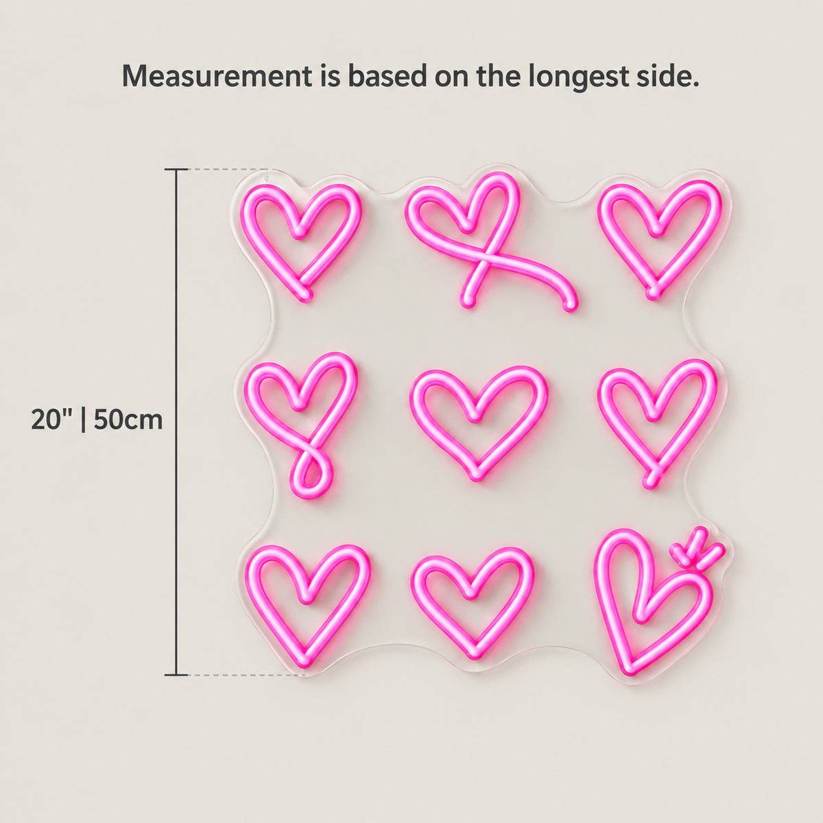 Hearts Neon Sign - Size Guide