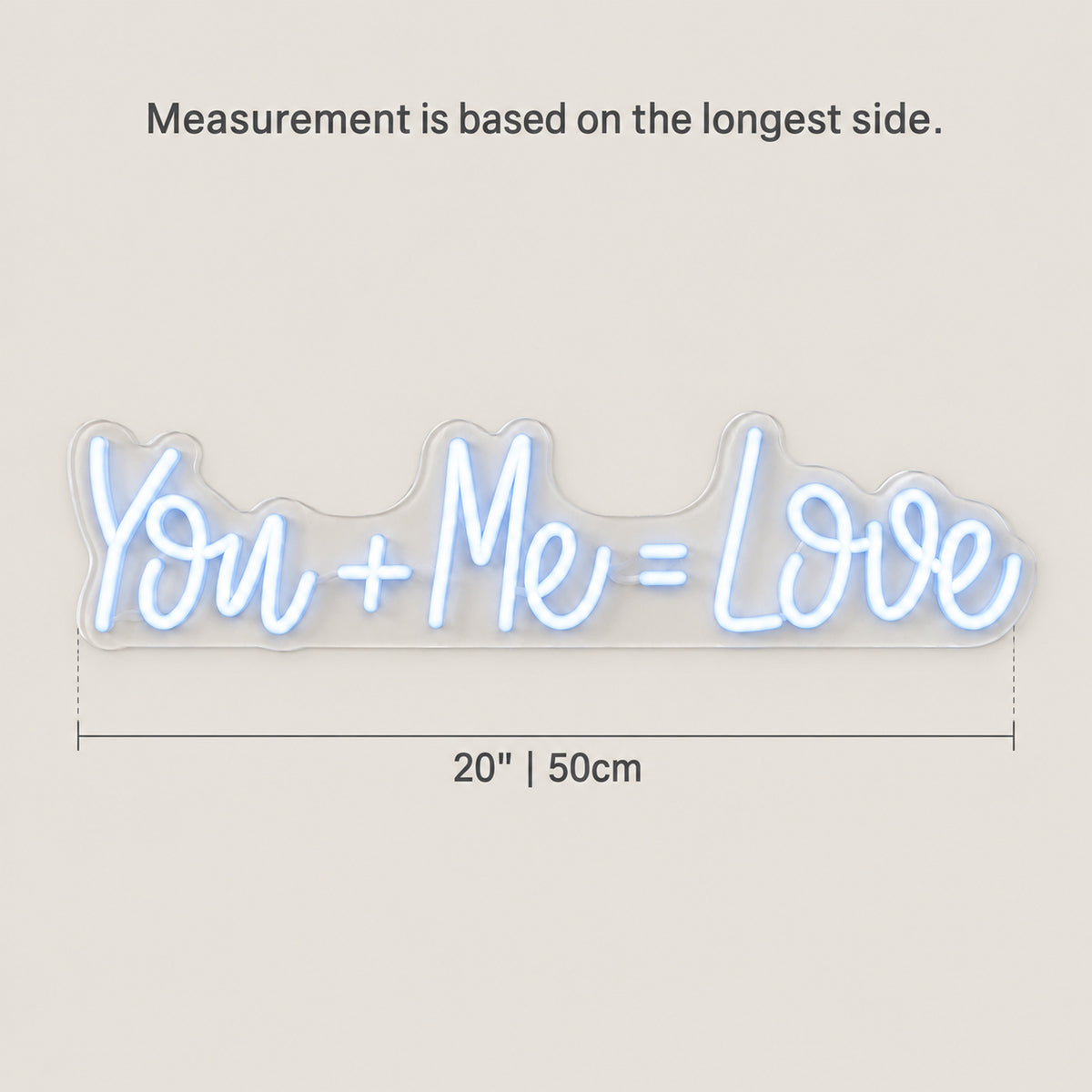 You+Me=Love LED Neon Sign for Wedding Light Up Party Decor - Size Guide