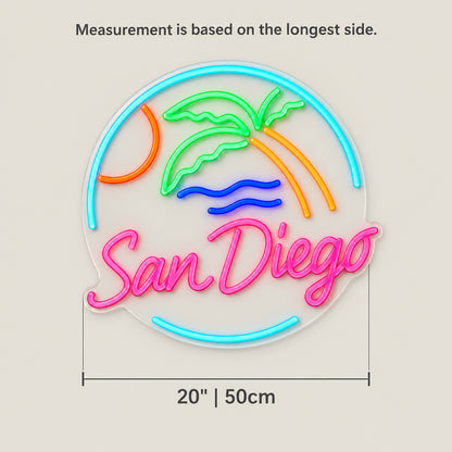 San Diego Palm Tree Sunset Neon Sign - Size Guide
