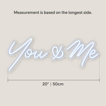 You and Me LED Neon Sign Elegant Cursive Style - Size Guide