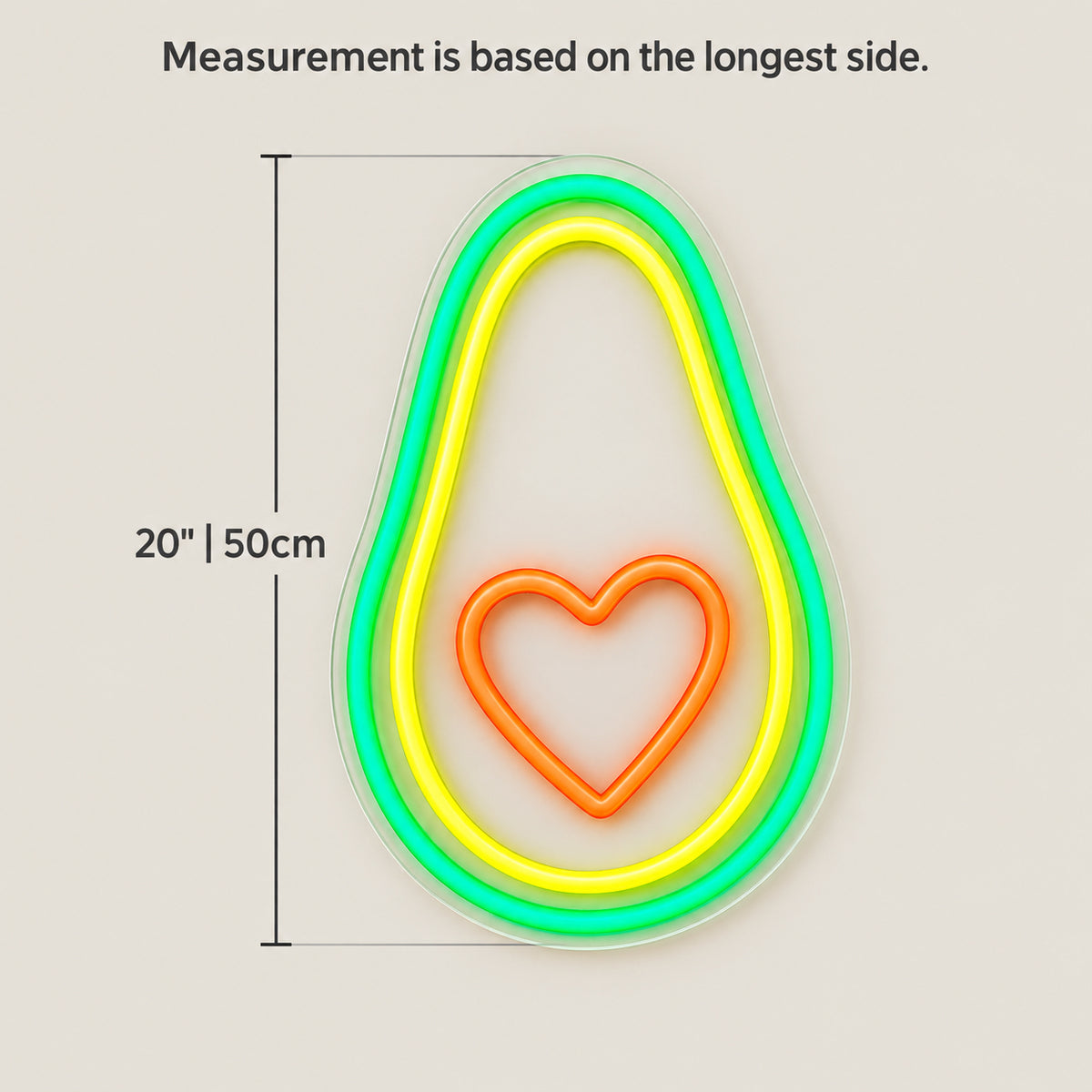 Heart Avocado LED Neon Sign Dimmable Wall Light - Size Guide