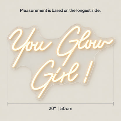 You Glow Girl LED Neon Sign Clean Script with Exclamation - Size Guide