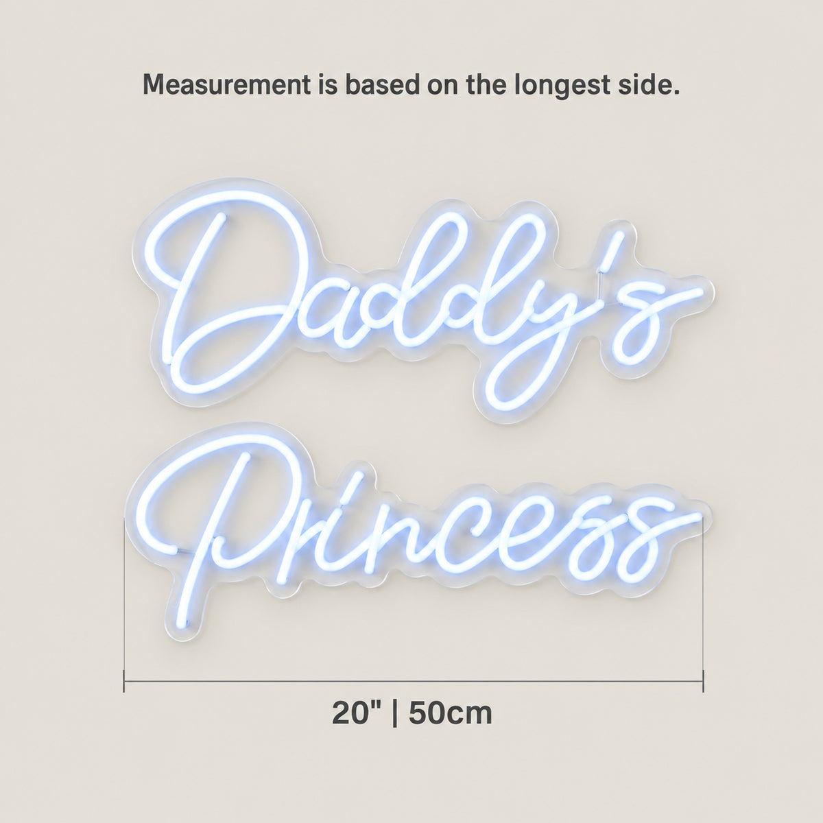 Daddy's Princess LED Neon Sign for Kids Room Dimmable Wall Decor - Size Guide