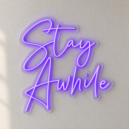 Stay Awhile LED Neon Sign Cool Purple Era Script - Natural Light Product Image