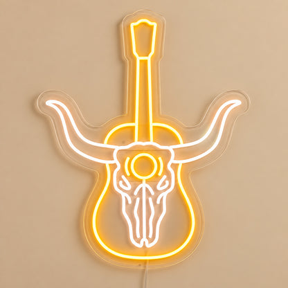 Longhorn Skull Acoustic Guitar LED Neon Sign Wall Neon Signs - Solid Background