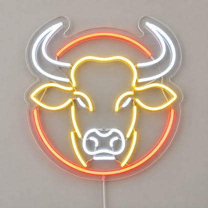 Round Frame Bull Head Vintage LED Neon Sign Wall Neon Signs - Solid Background