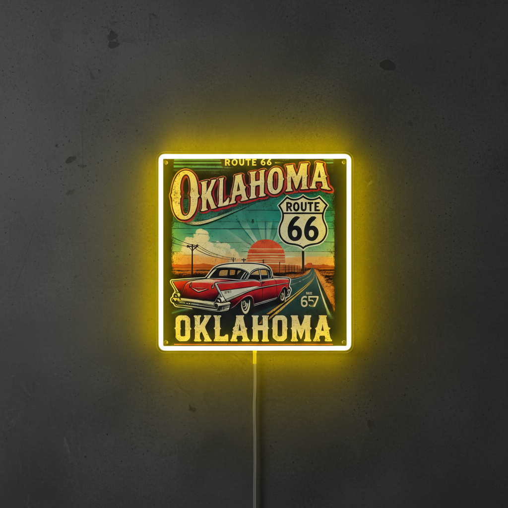 ShineNeon™ Route 66 Oklahoma Vintage Car LED Neon Sign - Retro Garage Wall Decor