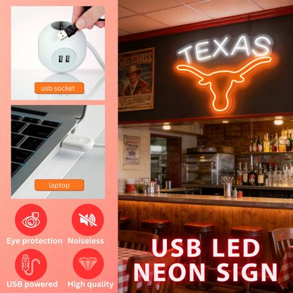Texas Longhorn USB LED Neon Sign for Bar Game Room & Man Cave Wall Decor