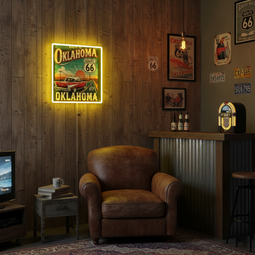 ShineNeon™ Route 66 Oklahoma Vintage Car LED Neon Sign - Retro Garage Wall Decor