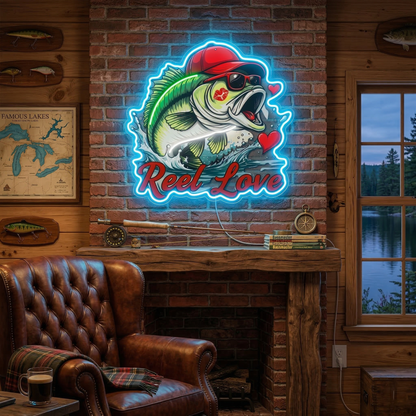 ShineNeon™ Bass Fishing Reel Love Neon Sign with Hearts Man Cave Wall Art USB Powered