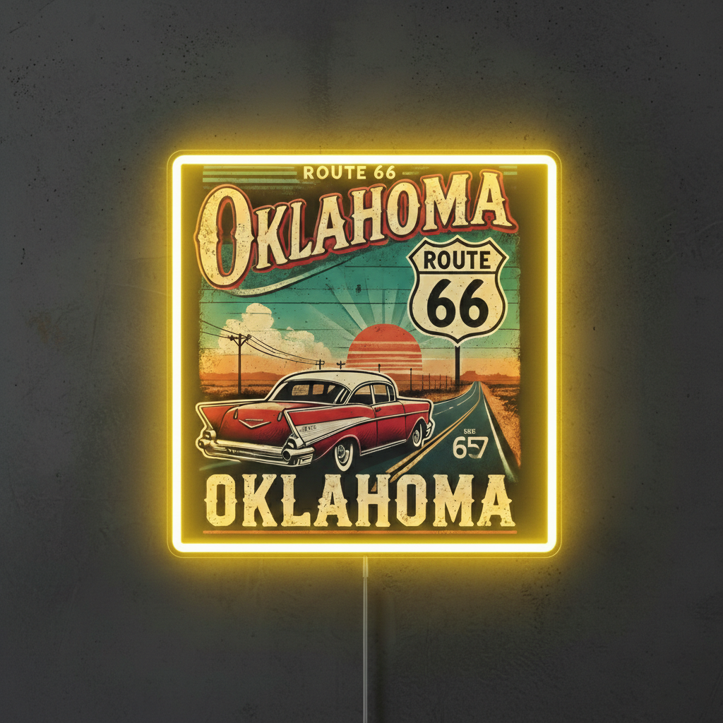 ShineNeon™ Route 66 Oklahoma Vintage Car LED Neon Sign - Retro Garage Wall Decor