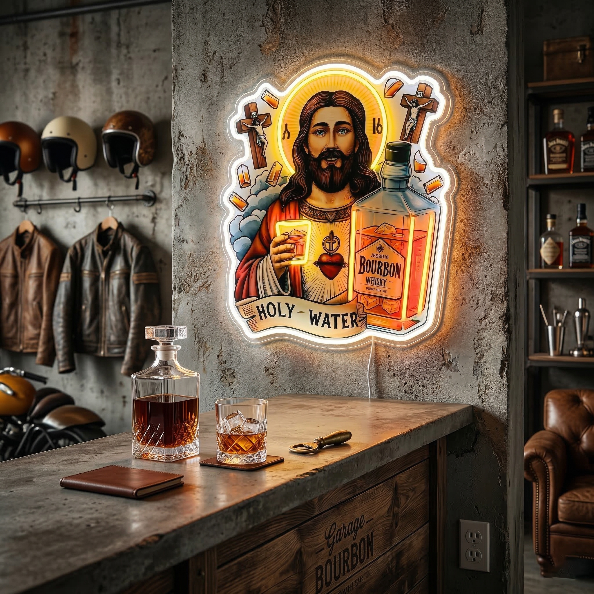 ShineNeon™ Holy Water Bourbon Jesus Neon Sign - Funny Home Bar & Man Cave Wall Decor - USB Power