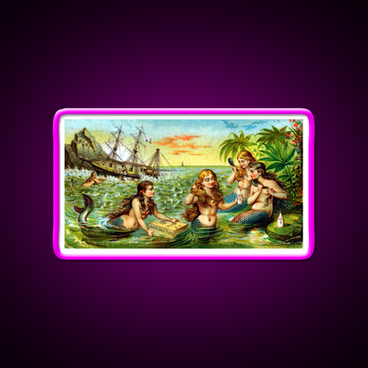 19Th Mermaids At Ship Wreck Barber Shop Haircut Led Neon Sign - Neon sign mounted on wall in room