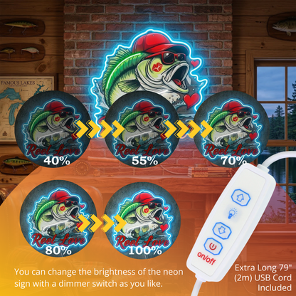 ShineNeon™ Bass Fishing Reel Love Neon Sign with Hearts Man Cave Wall Art USB Powered