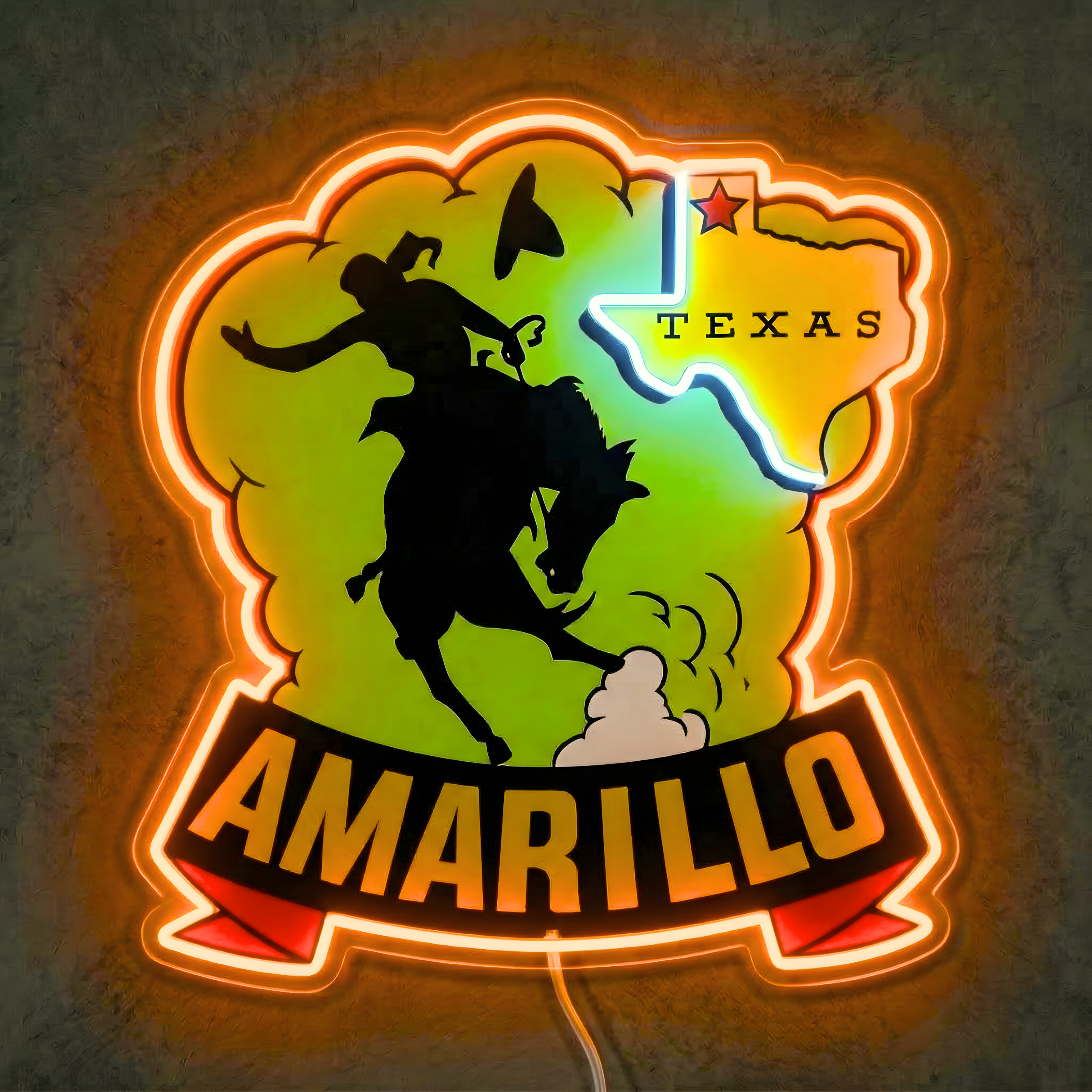 ShineNeon™ Amarillo Texas Bronco Rider LED Neon Sign Western Cowboy Man Cave Decor USB Power