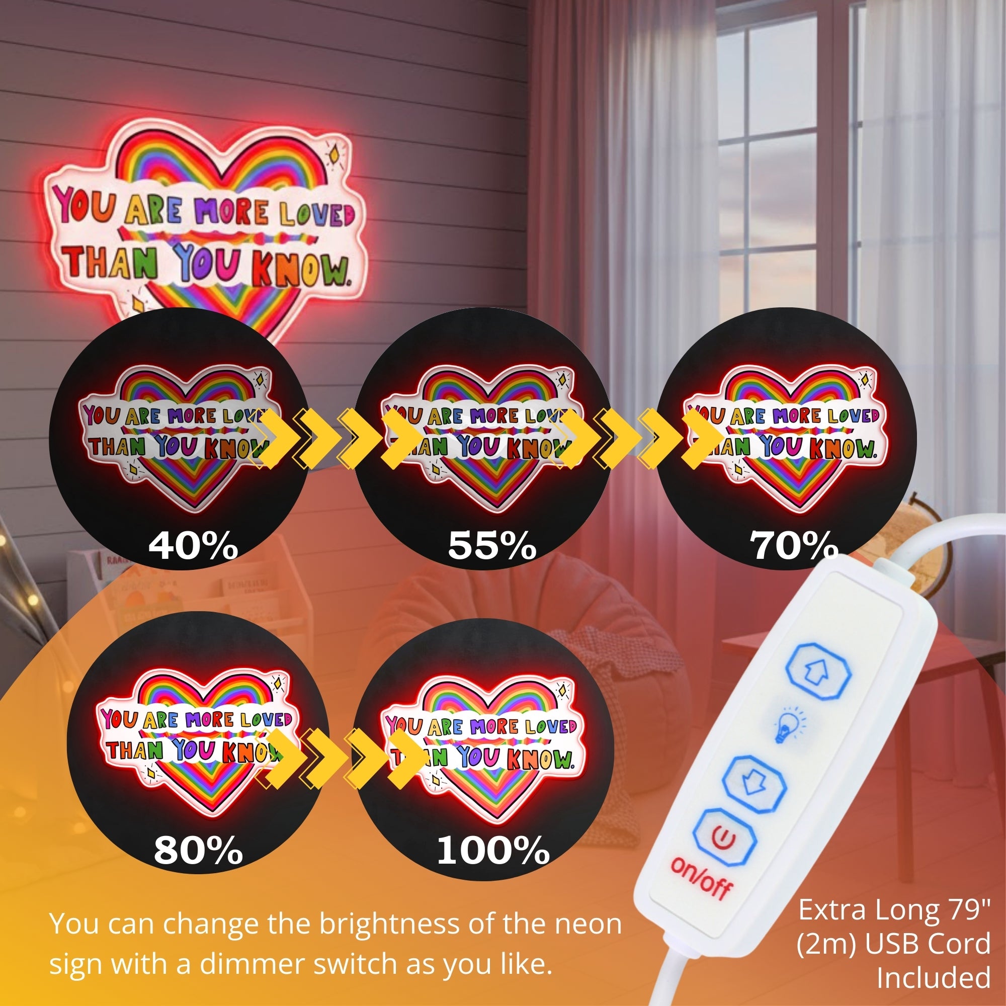 ShineNeon™ You Are More Loved LED Neon Sign - USB Power Rainbow Heart Wall Decor for Home