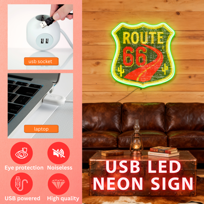 Route 66 Led Neon Sign USB American Retro Road Trip Lover Home Bar Wall Art