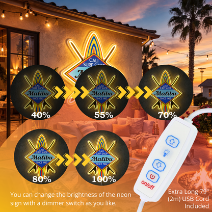 ShineNeon™ Malibu Cali Surf Shop LED Neon Sign - Retro Beach Vibe Wall Decor (USB Powered)