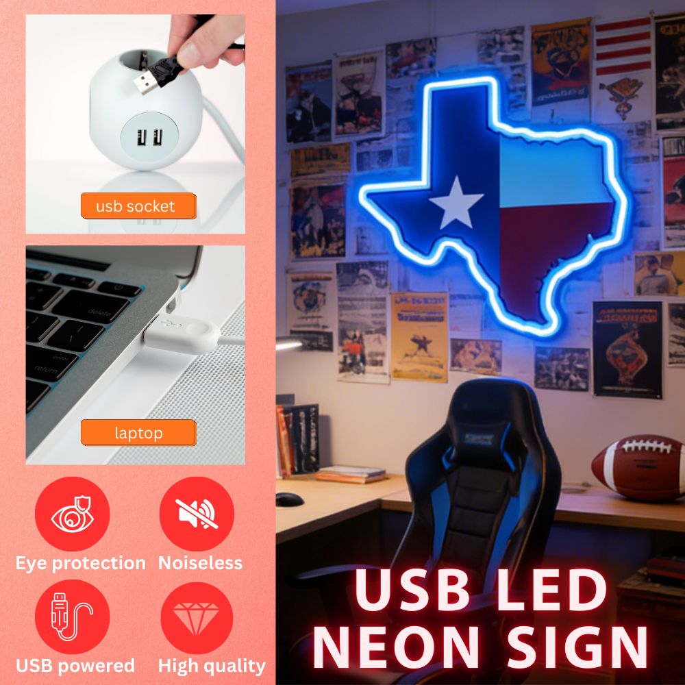 Texas USB LED Neon Sign Lone Star State Wall Light or Texas Pride Decor