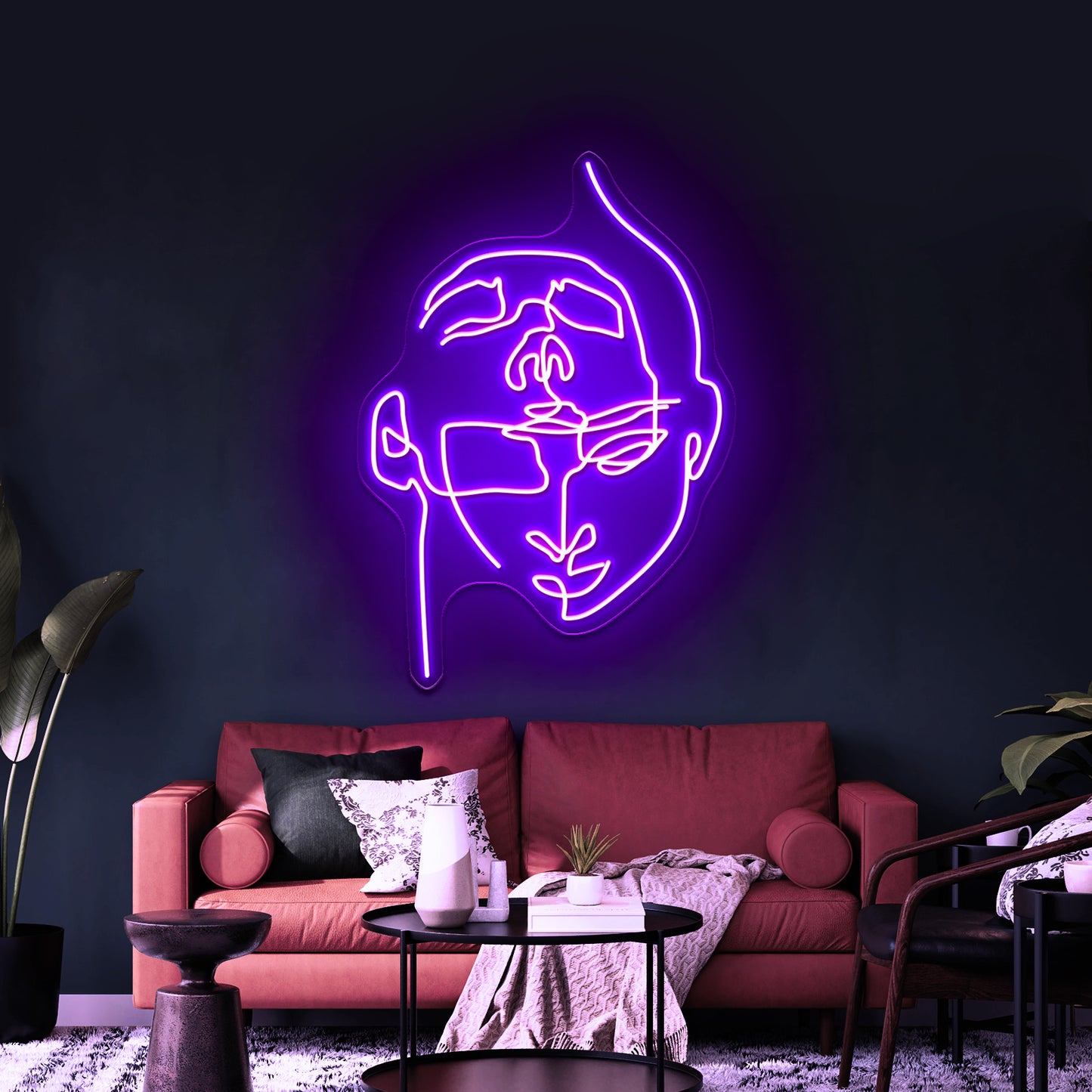 2 Faces Abstract Line Art Wall Artwork Neon Signs