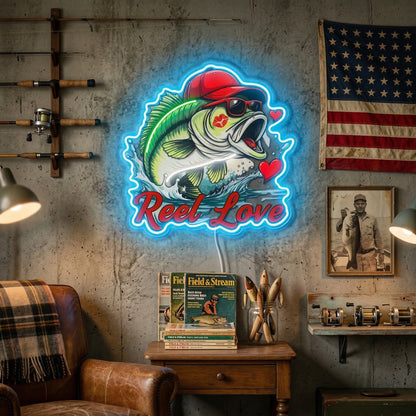 ShineNeon™ Bass Fishing Reel Love Neon Sign with Hearts Man Cave Wall Art USB Powered