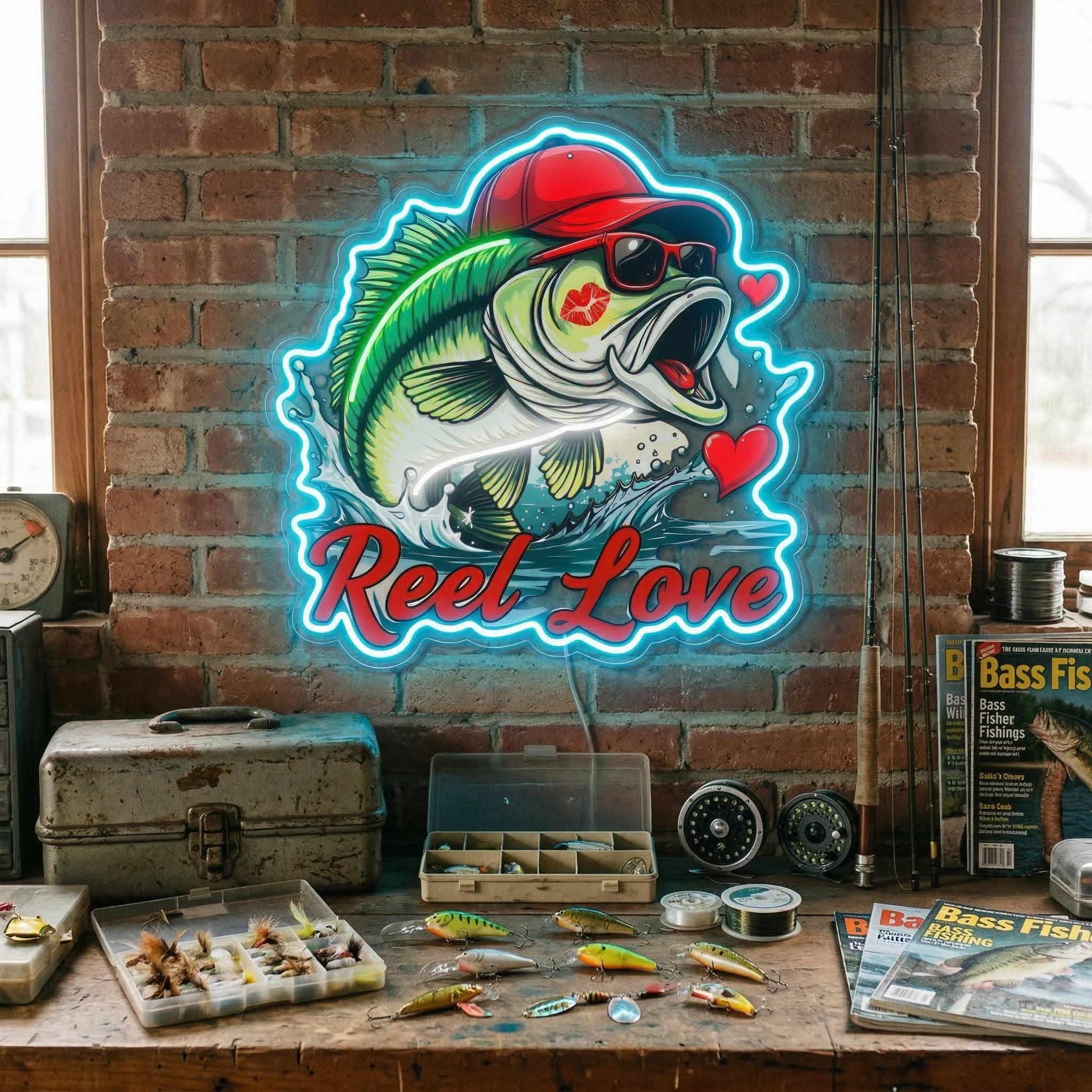 ShineNeon™ Bass Fishing Reel Love Neon Sign with Hearts Man Cave Wall Art USB Powered