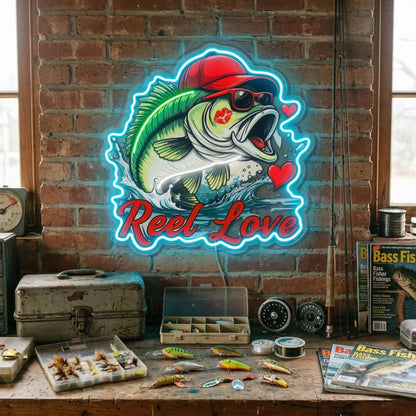 ShineNeon™ Bass Fishing Reel Love Neon Sign with Hearts Man Cave Wall Art USB Powered