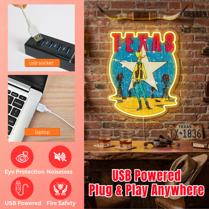 ShineNeon™ Vintage Lone Star Texas Cowboy LED Neon Sign Wall Art USB Powered