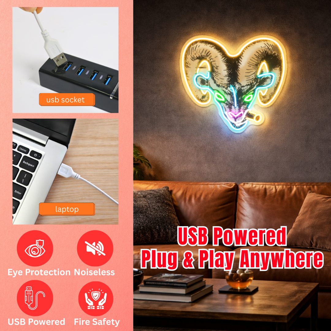 ShineNeon™ Badass Ram with Cigar LED Neon Sign - Gritty Neon Wall Art for Man Cave & Home Bar