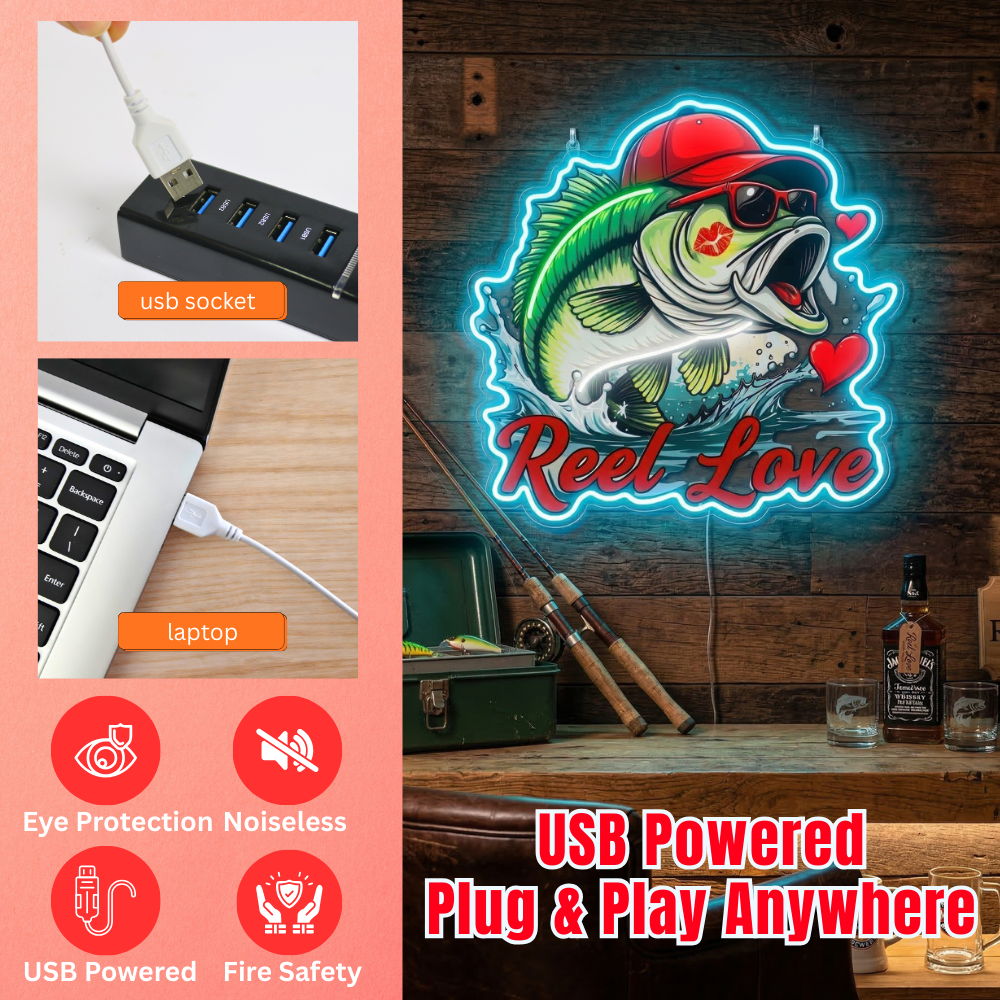 ShineNeon™ Bass Fishing Reel Love Neon Sign with Hearts Man Cave Wall Art USB Powered