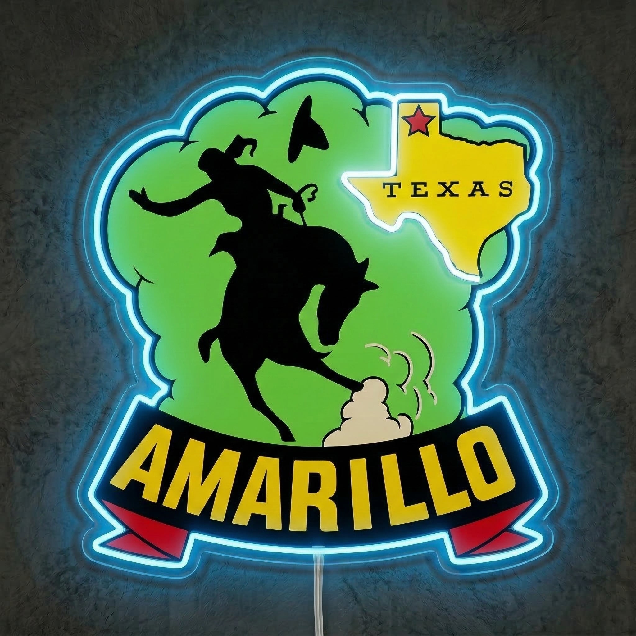 ShineNeon™ Amarillo Texas Bronco Rider LED Neon Sign Western Cowboy Man Cave Decor USB Power