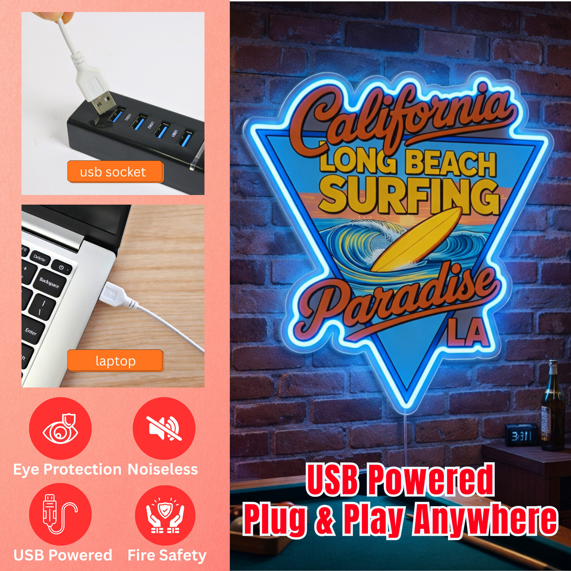 ShineNeon™ California Long Beach Surfing Paradise LED Neon Sign - LA Retro Wall Decor USB Power