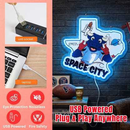 ShineNeon™ Houston Space City Texas Bull LED Neon Sign Multi-Color Sport Cave Vibe USB Power